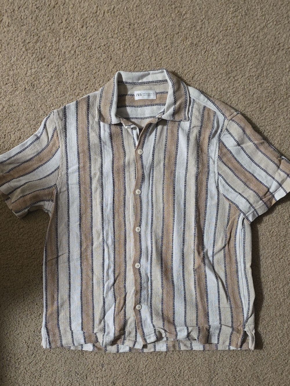 Zara Beige, White & Navy Striped Short-Sleeve Button-Up Shirt